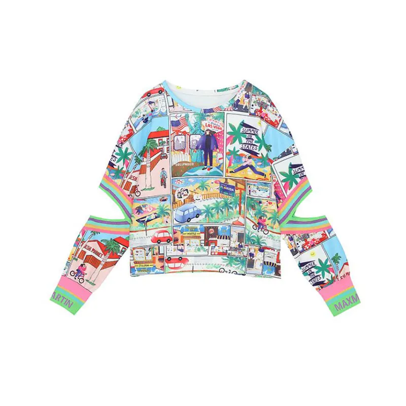 2019 Весенняя мода выдалбливают Кофты для женщин ландшафт острова узор