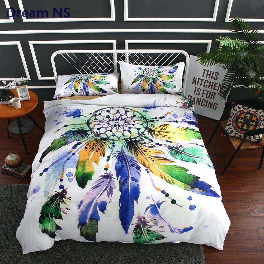 

AHSNME Dreamcatcher Bedding Set Indian Hippie Duvet Cover Colorful Feather Adults Bed Set Comforter Cover + Pillowcase King
