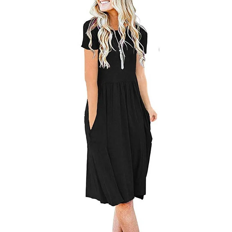 ENXI 2019 Summer 10 Colours Maternity Dresses Women's Short Sleeve Pocket High Waist Fold Leisure Time Horn Dress | Мать и ребенок