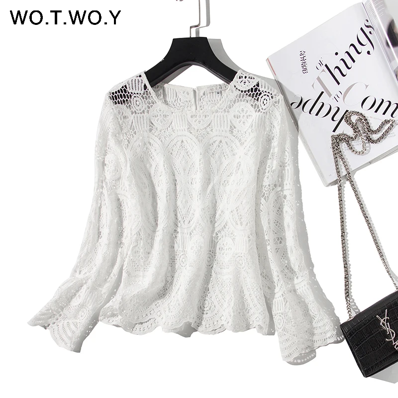 WOTWOY белая открытая блузка женская кружевная уличная рубашка Boho в Корейском Стиле Лолита женские топы молочные шелковые блузки женские рубашки