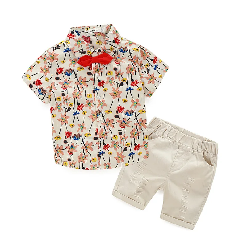 2019 summer Fashion Boy clothing set baby boy flower suit Kids Children's clothes shirts+denim shorts | Мать и ребенок