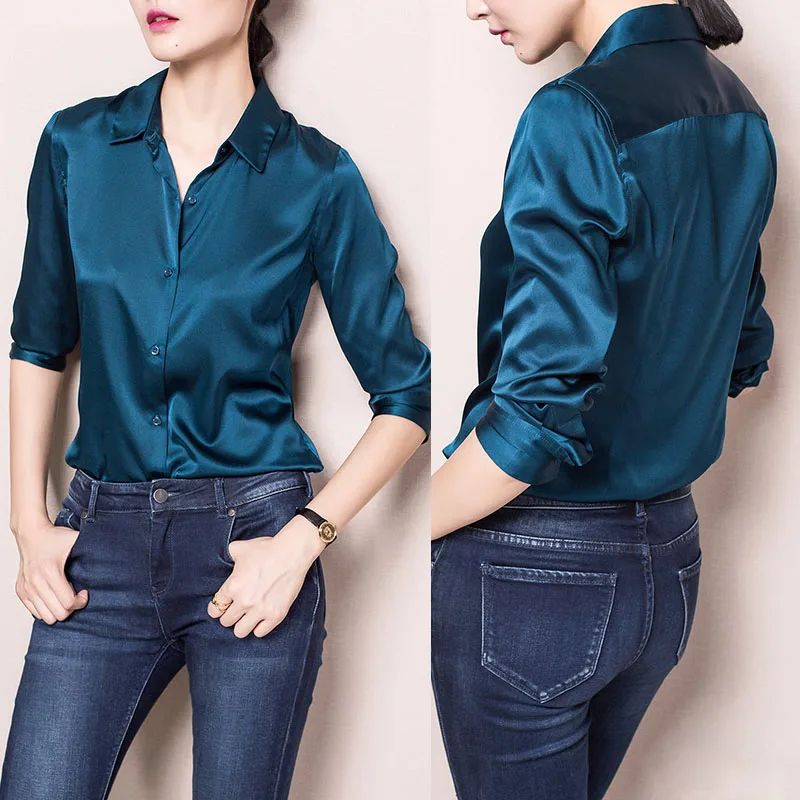 Женская атласная блузка с длинным рукавом и отложным воротником|silk satin blouse|satin silk