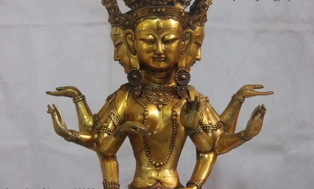 Китайская медная бронзовая позолота буддизм три лица восемь рук Kwan-yin статуя