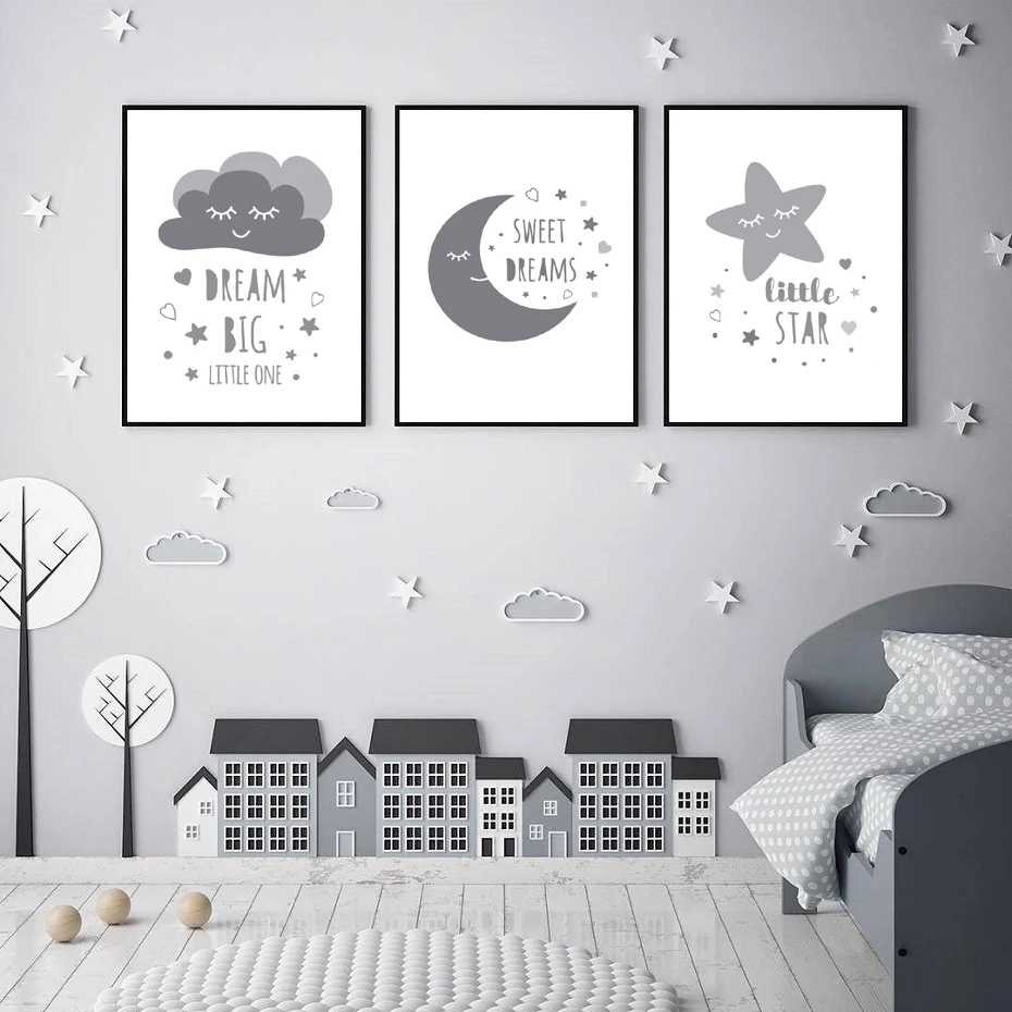 

Nursery Cartoon Moon Star Cloud Canvas Painting Dream Big Little One Wall Art Prints Posters Pictures Kids Room Home Decor