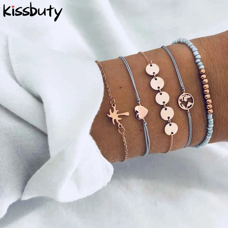 

5 PCS/Set Vintage Summer Beach Coconut Tree Heart Charm Bracelet Sets For Women Blue Rope Chain Bracelets Beads Jewelry Gifts