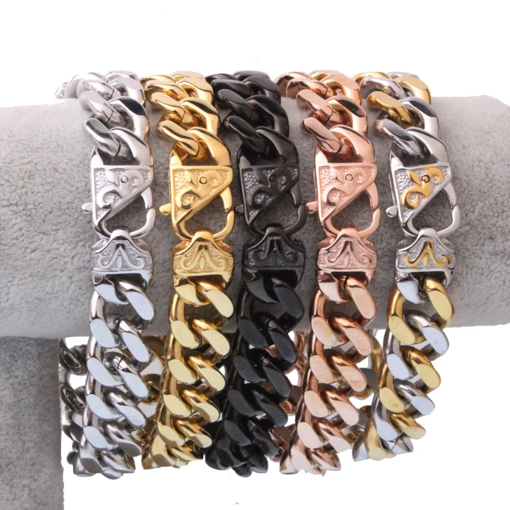 

Customer size 7"-11" long 12mm/15mm Womens Mens Bracelet Stainless Steel Jewelry Black Gold Silver Color Curb Cuban Link Chain