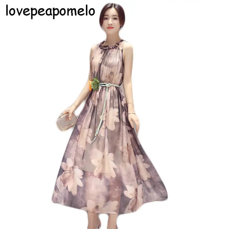 

lovepeapomelo Bohemian Resort Beach Female Dress 2018 Summer New Korean Big Size Women's Print Chiffon Dress S/2XL D267