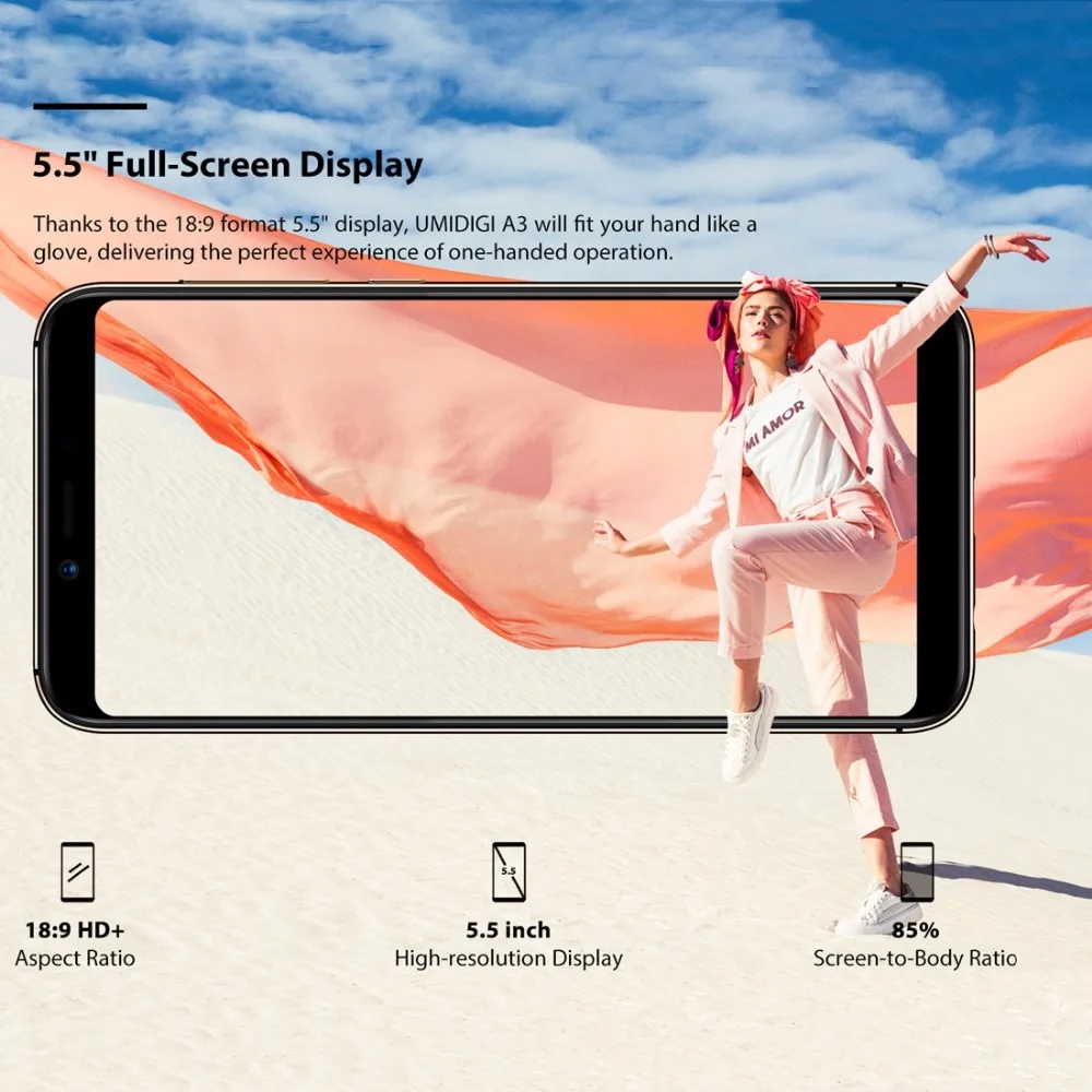UMIDIGI A3 Смартфон с 5 5-дюймовым дисплеем четырёхъядерным процессором ОЗУ 2 Гб ПЗУ 16 12