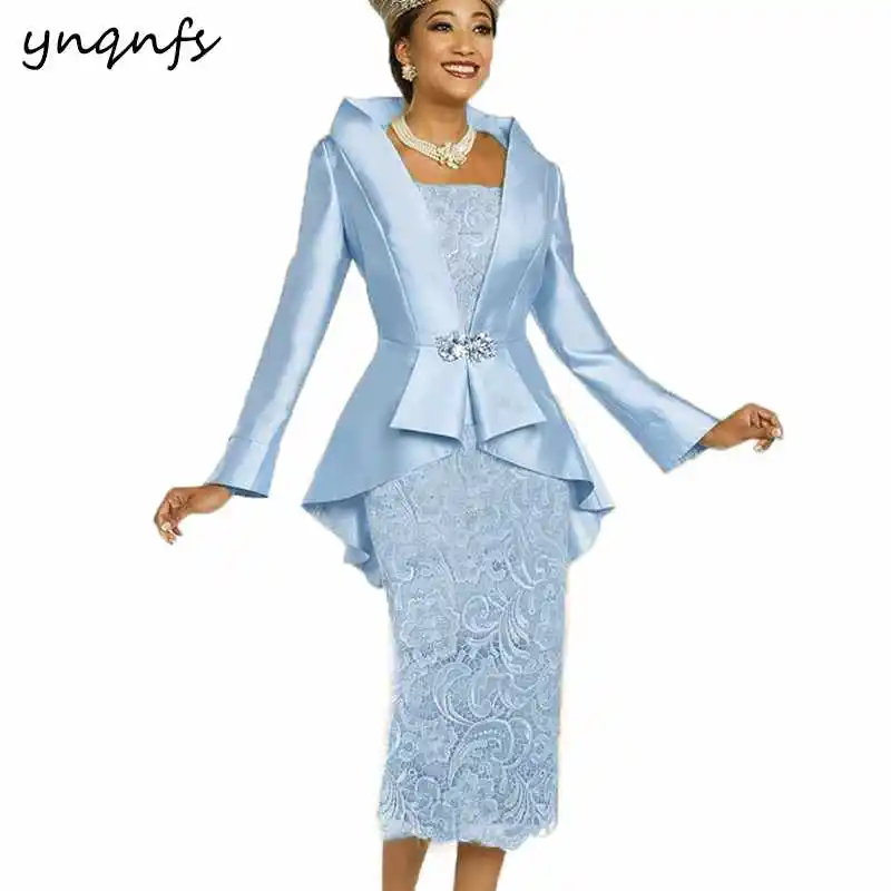 Light Blue YNQNFS pinktaffeta кружева Чай Длина комплект из двух предметов для матери невесты платье с жакетом вечерние свадебное платье M52 - Цвет: Light Blue