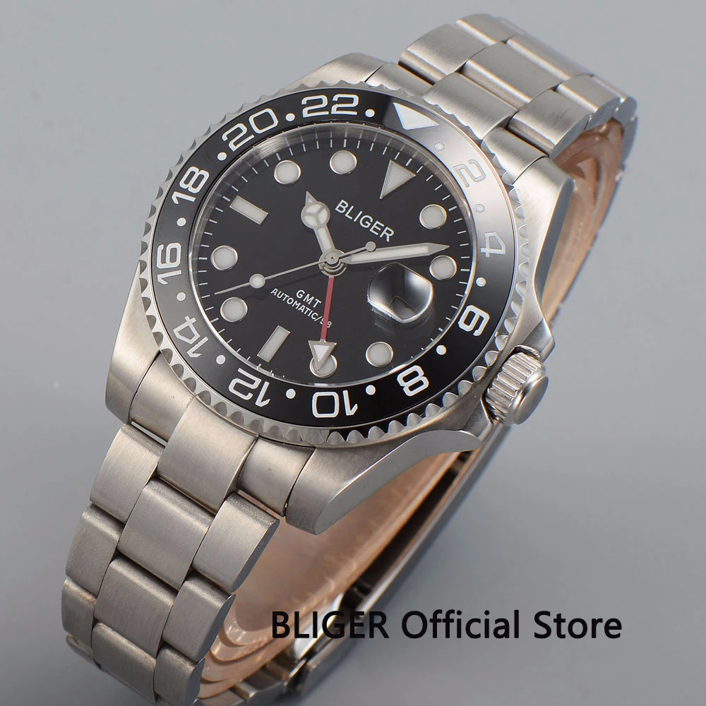 Мужские часы BLIGER GMT черный циферблат светящийся сапфировое стекло