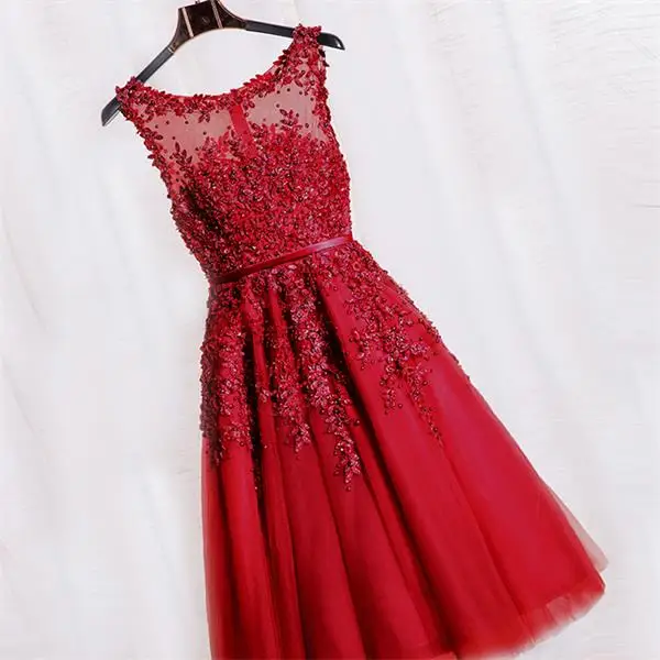 Robe De Soiree красный o-образный Вырез Аппликация до колена и отделка бисером тюль А-силуэт без рукавов вечерние платья для выпускного вечера невесты - Цвет: dark red