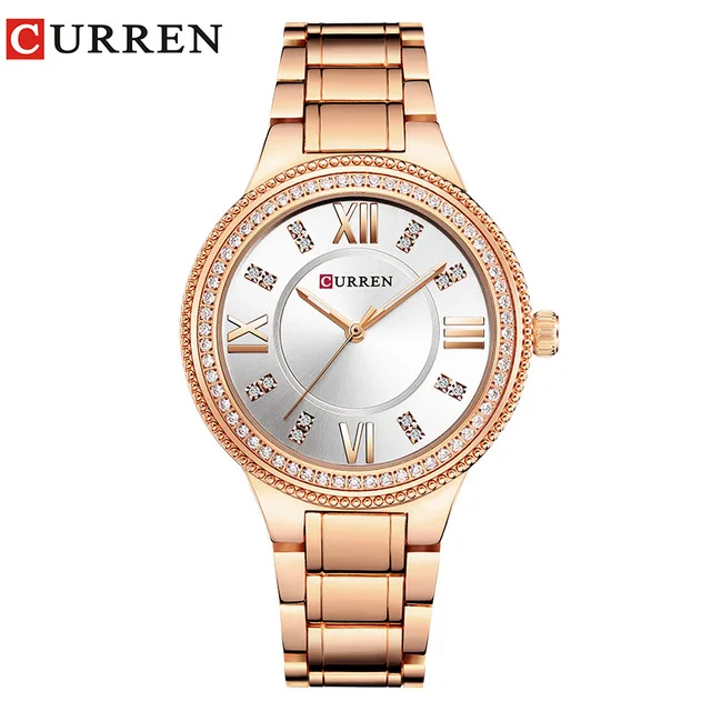 Rose White CURREN Брендовые женские часы Роскошные модные водонепроницаемые кварцевые наручные часы Satinless Стальные стразы женские часы для девушек - Цвет: Rose White