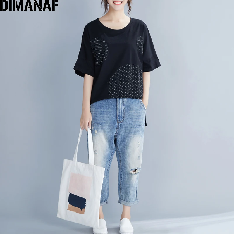 Женская футболка в горошек DIMANAF Повседневная Свободная хлопковая Туника черного