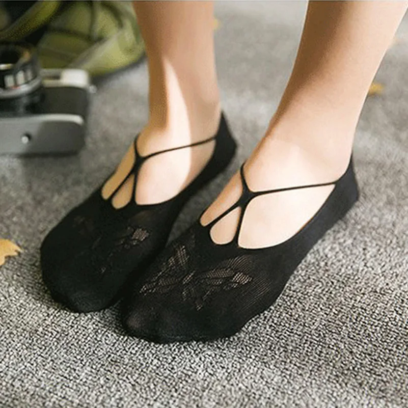 5 Pairs Female Black Sexy Lady Girl Cross Lace No Show Peds Antiskid Invisible Liner Low Cut Ankle Boat Socks Slippers For Woman images - 6