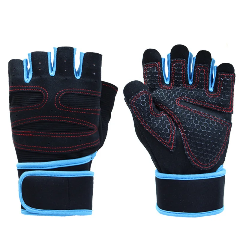 Blue Gloves 1 пара, перчатки для спортзала с полупальцами, для фитнеса, тяжелой атлетики, перчатки для упражнений для мужчин и женщин, тренировочные спортивные перчатки для тренировок, перчатки с ремешком на запястье - Цвет: Blue Gloves