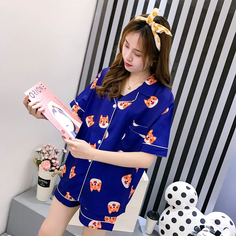 Для женщин пижамный комплект Лето мультфильм Harajuku Шиба ину печатных Kawaii Пижама