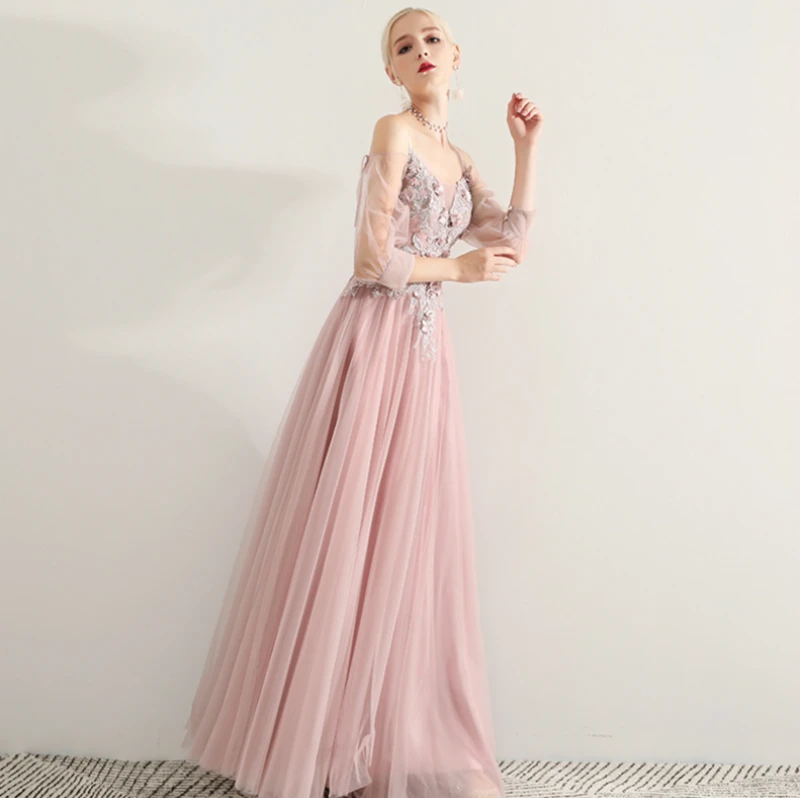SSYFashion Новое Кружевное Вечернее Платье милое темно розовое 3/4 рукав длиной до пола