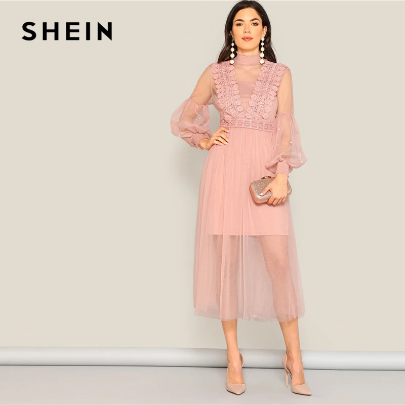 SHEIN Прозрачное Сетчатое Платье С Оригинальным Рукавом И Бусинами Нарядное Вечернее Платье На Бретельках С Открытой Спиной