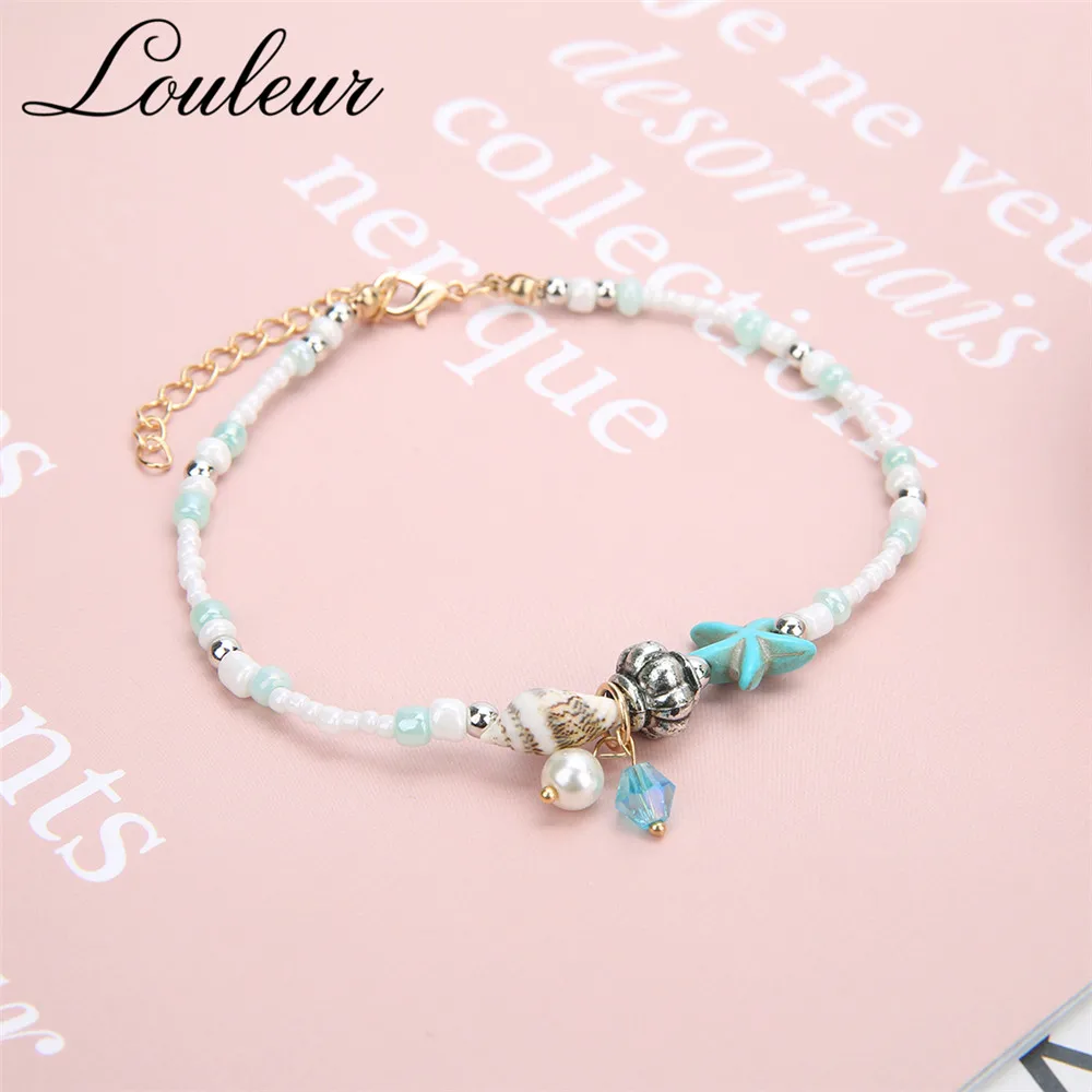 Louleur Bohemian Style Starfish Shell Beach Beads Anklet Conch Bracelet Summer Men and Women Foot Accessories | Украшения и
