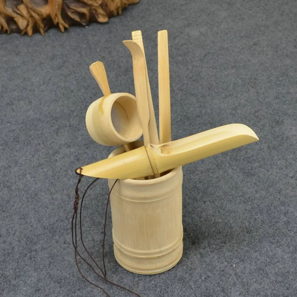 6Pcs Tea Ceremony Utensils Set Bamboo Teaspoon Clip Strainer Tong Case |