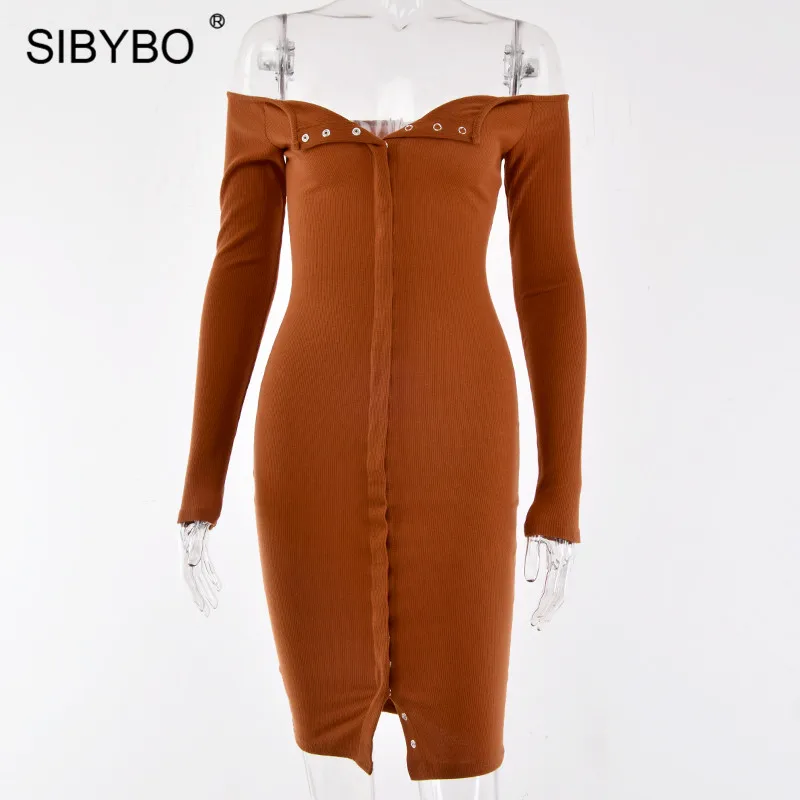 Sibybo, без бретелек, однобортное, сексуальное платье для женщин, осень, с открытыми плечами, с длинным рукавом, повседневное, бодикон, платье с открытой спиной, Клубные, вечерние платья