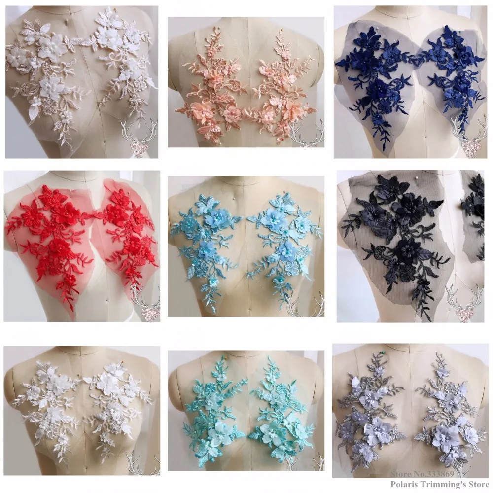 Ручная работа темно синий бисер жемчуг 3D атласная Цветочная вышивка Кружевная