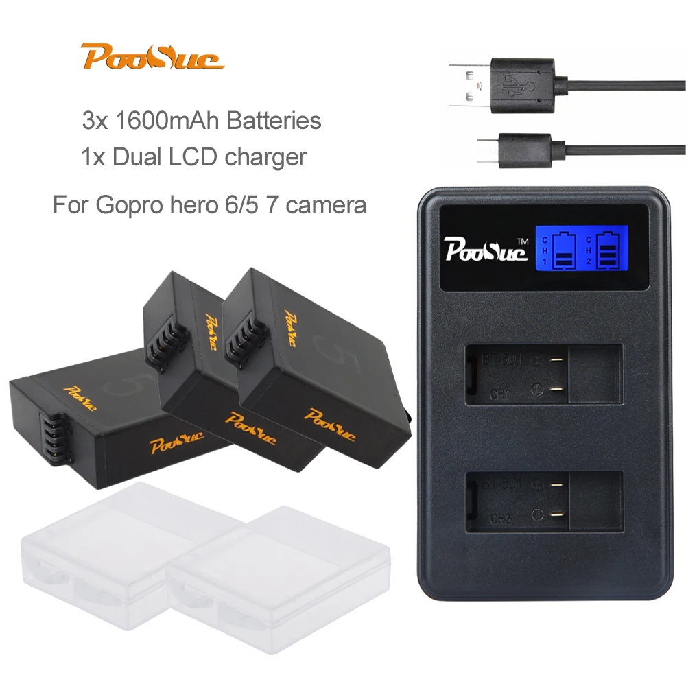 2 слота LED USB зарядное устройство + 3 шт Li Ion батареи для GoPro Hero 5 6/7 камера батарея Go Pro