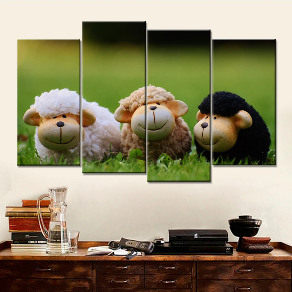 

4 Panels Wall Art Canvas Modular Pictures Sheep Doll Modern Canvas Art Painting for Living Room Home Decoration