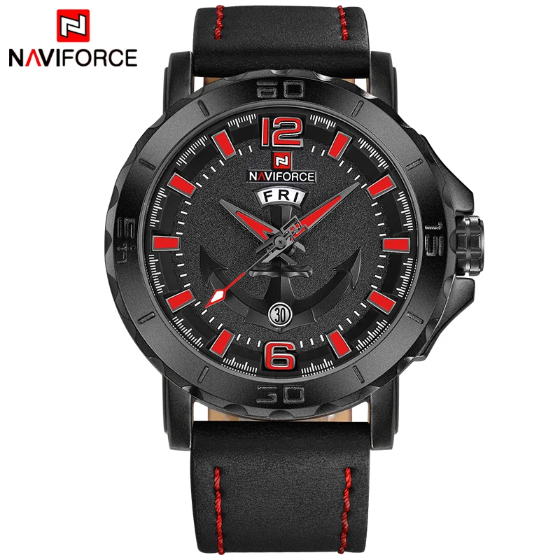 Часы наручные NAVIFORCE Мужские кварцевые спортивные с кожаным ремешком роскошные в