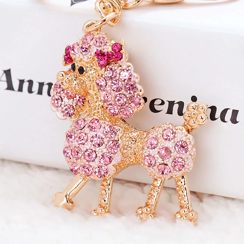 Lovely Fashion Pink Rhinestone Pet Dog Keychain New Poodle Key Chain for Car Ring Ornaments Pendant Woman Gifts Dropshipping | Украшения и