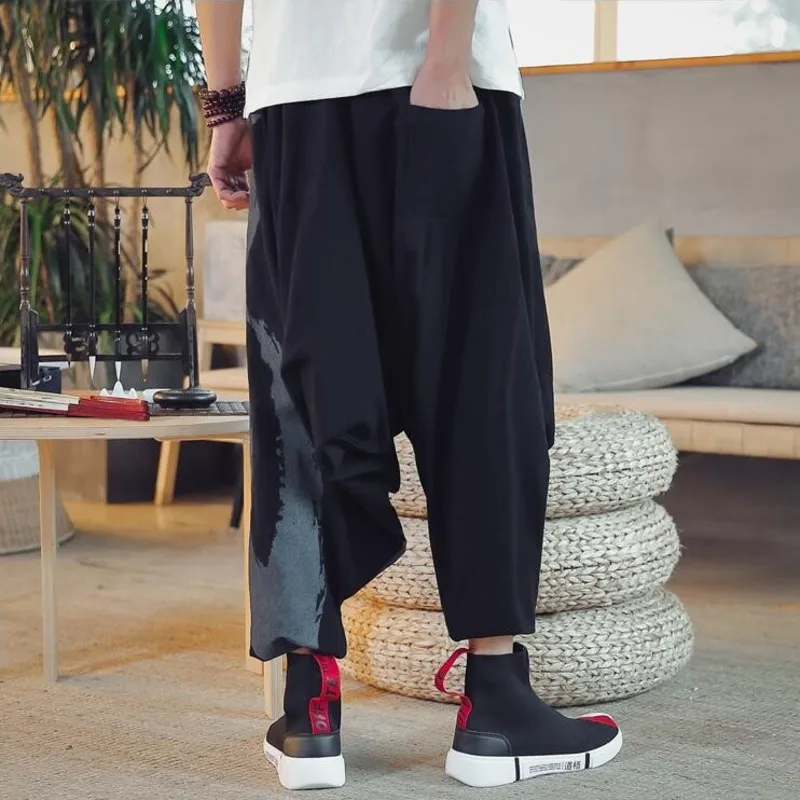 Брюки мужские из хлопка и льна с принтом черные/красные 2589 мешковатые джоггеры