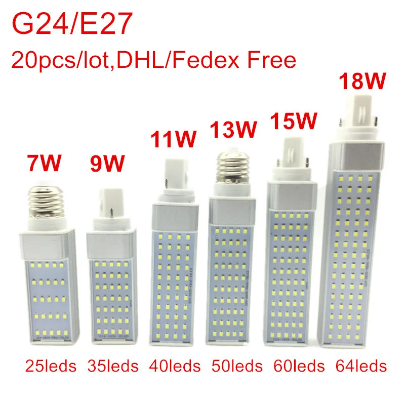 

20pcs/lot,DHL Free shipping, E27/G24 LED Bulb 7w/9w/11w/13w/15w/18w AC85-265V led spotlight Horizontal led bulb 2835 SMD