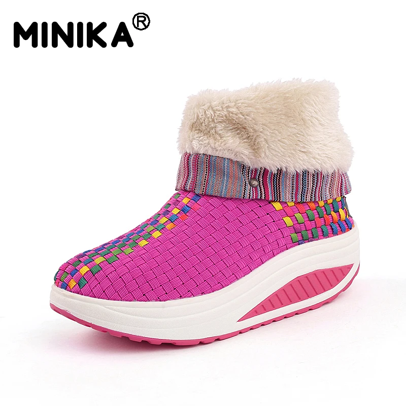 Minika Winter Women Snow Boots With Fur Warm Ankle Outdoor Sneakers Slimming Walking Platform Velvet Wedges Swing Shoes | Обувь
