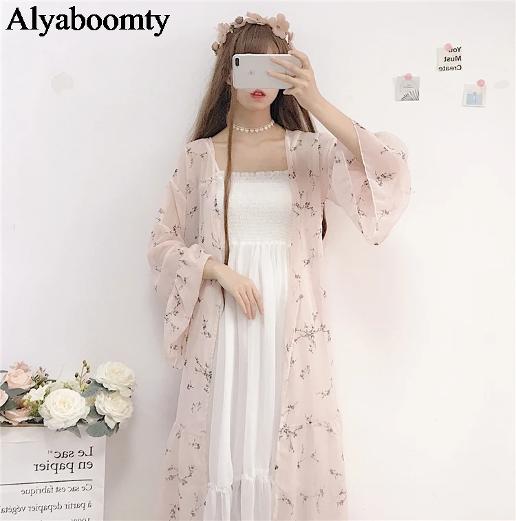 Японский Harajuku женский летний длинный Blusas пальто розовый цветочный принт