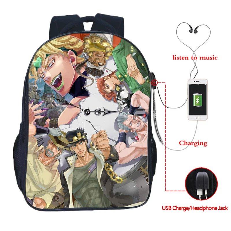 19 JoJo No Kimyou Na Bouken JoJo's Необычные Приключения Jotaro USB Chargingbackpack для мужчин женщин мальчиков девочек рюкзаки школьные сумки - Цвет: 19