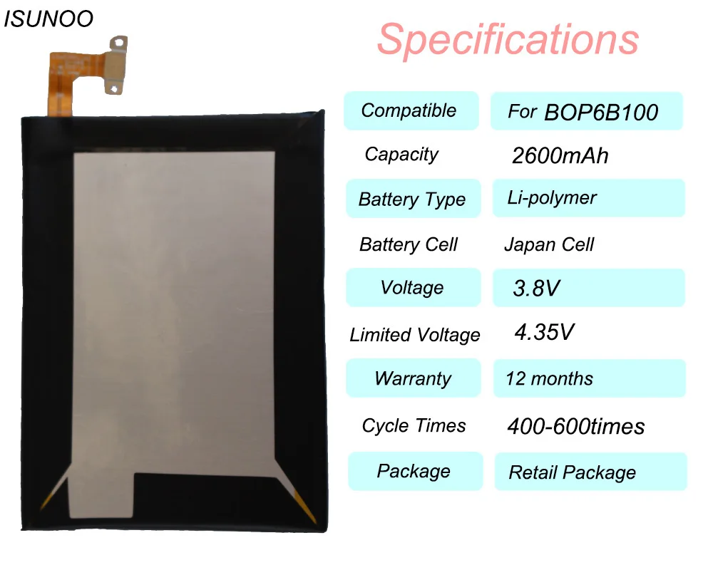 ISUNOO 2600 мАч BOP6B100 литий полимерный аккумулятор для HTC one 2 M8 W8 E8 Dual Sim M8T M8W M8D M8x M8e M8s M8si