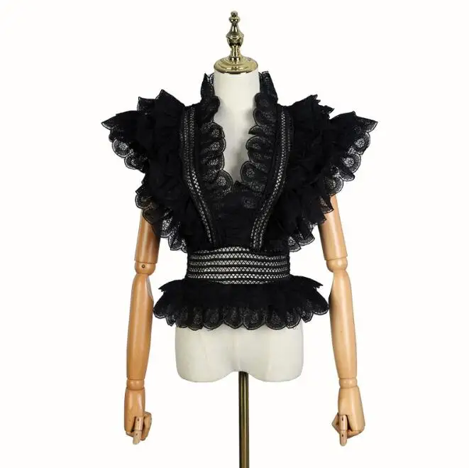 Женская ажурная рубашка с V образным вырезом и оборками|Рубашки| |