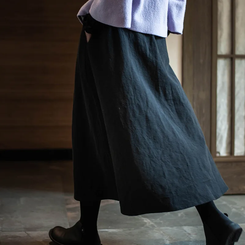 Skirt Women's Original Chinese Style Retro Literary Cotton Linen Wild A-Line Black |