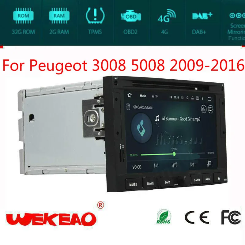 Автомобильный GPS-навигатор с сенсорным экраном Wekeao для Peugeot 3008 5008 2009-2016 с мультимедийной системой воспроизведения, поддержкой Wi-Fi и 3G на базе Android 7.1.