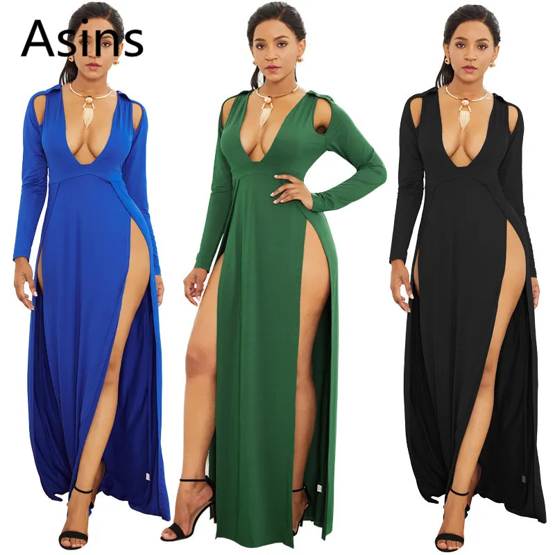 

Женское повседневное асимметричное платье Asins, однотонное длинное платье с глубоким v-образным вырезом, высокой талией и длинным рукавом, с ...