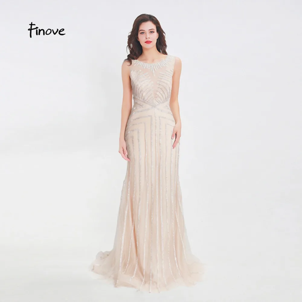 Finove длинное вечернее платье с бисером 2020 сексуальное иллюзионное круглым