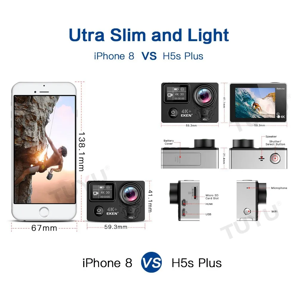 EKEN H5s Plus & Ultra HD 4K + Экшн камера 12 МП с EIS 100 футов Подводная Водонепроницаемая