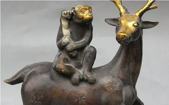 YM 322 китайская Бронзовая позолоченная статуя зодиака Yaer Monkey Hold RuYi Ride Sika Deer | Дом и