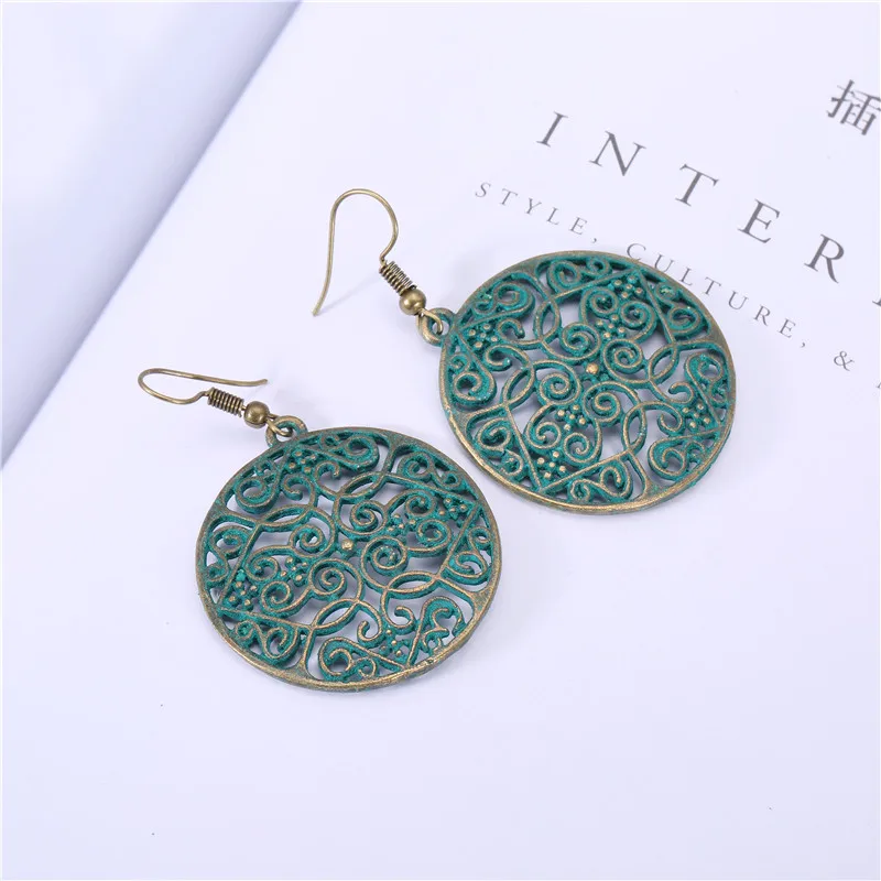 2019 Boho винтажные полые резные бронзовые серьги из сплава круглые антикварные