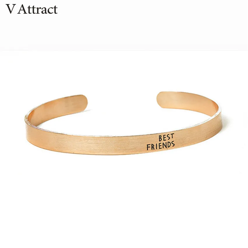 V Attract Friendship Jewelry Stainless Steel Gold Silver Simple Best Friend Letter Cuff Bracelets For Women And Men | Украшения и