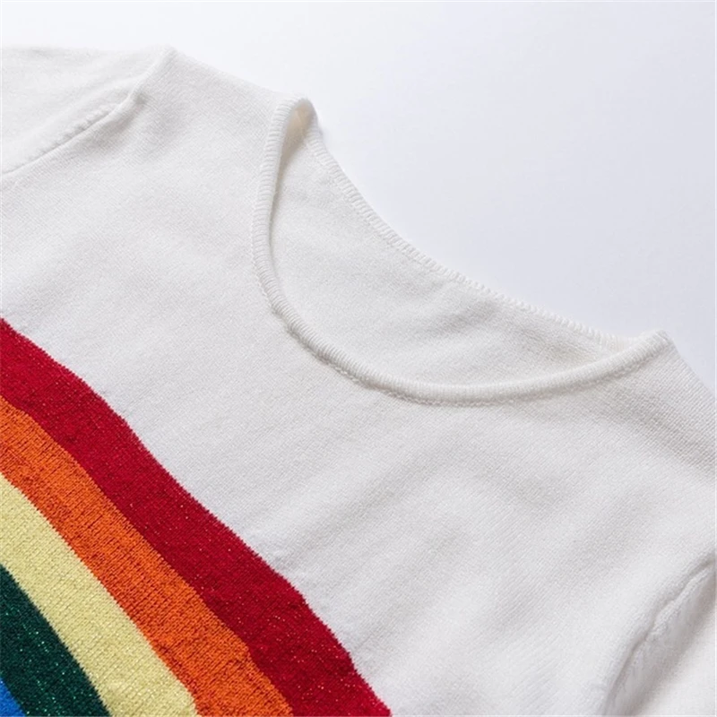 Luxury Designer Contrast Color Women O-neck Long Sleeve Knit Sweater Loose Casual Rainbow Striped PulloversTops Autumn Winter | Женская
