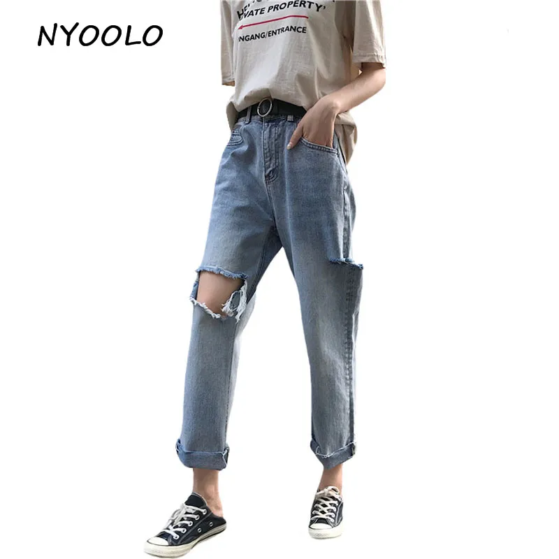 NYOOLO High street 2018 женские рваные свободные прямые джинсовые брюки бойфренды джинсы