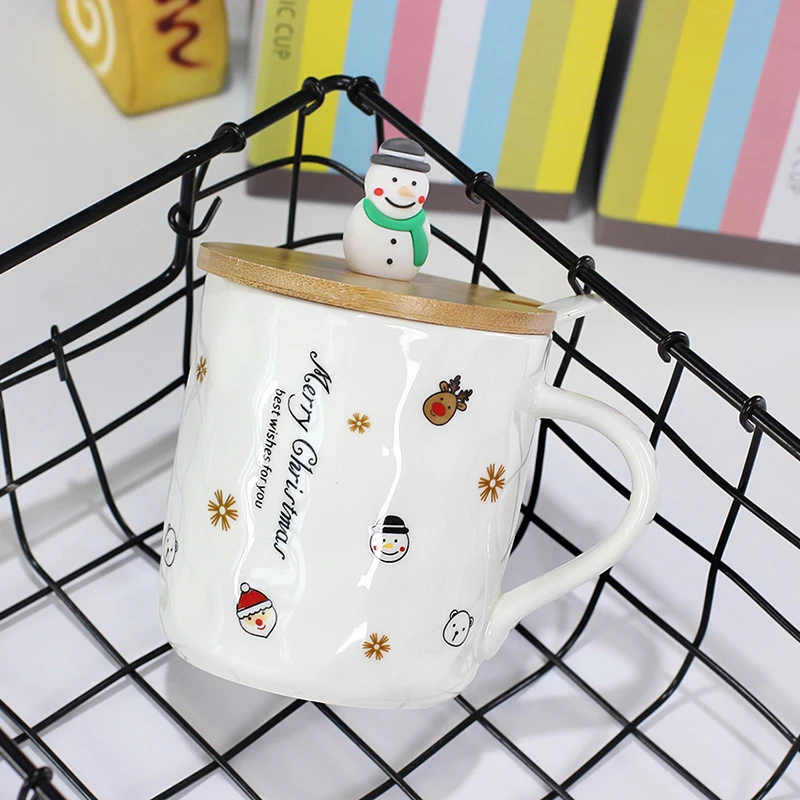 Керамическая кружка с деревянной крышкой и совок Снеговик Санта Клаус детские