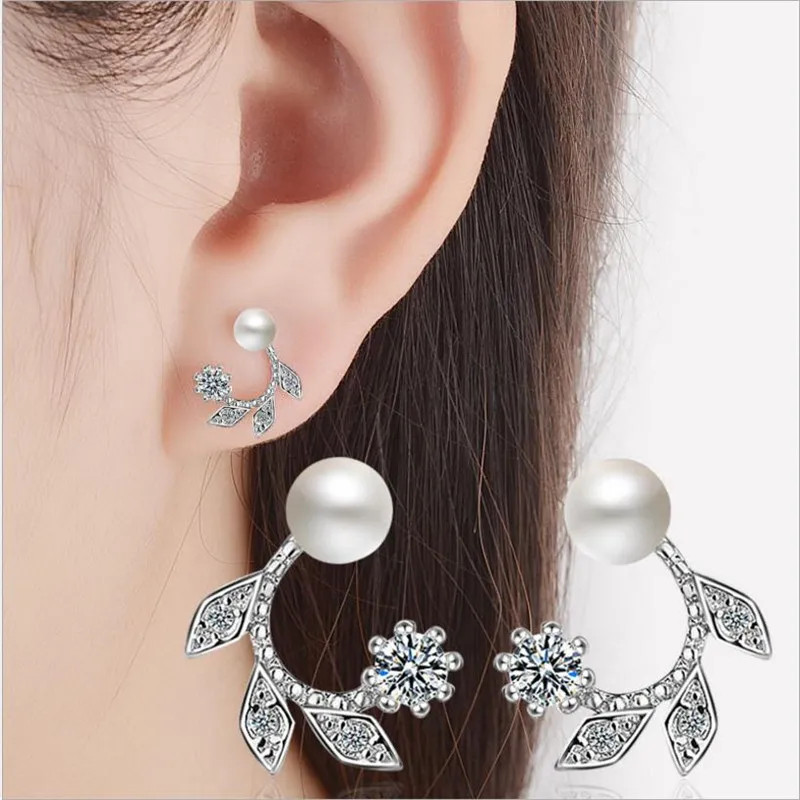 

TJP Luxury Crystal Stones Pearl Female Gold Stud Earrings Girl Party Bijou Charm Silver Plated Earrings For Women Jewelry