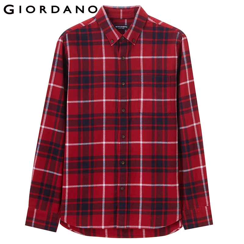 Giordano Men Shirt Flannel 100% Cotton Camisa Masculina Long Sleeve Casual Warm Classic Social Shirts Male | Мужская одежда